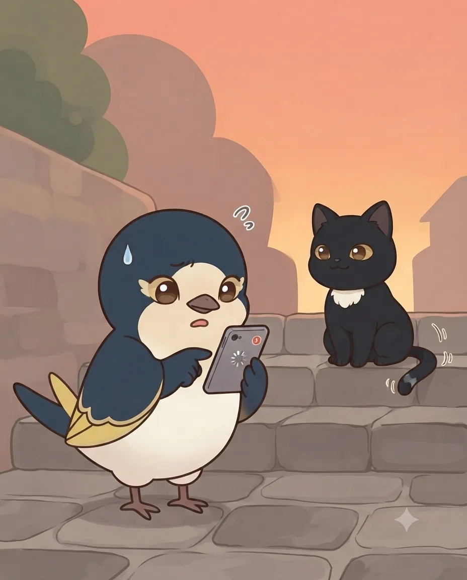 Migratory-chan standing in front of a phone's error screen, Black Cat-chan sunbathing on the steps nearby