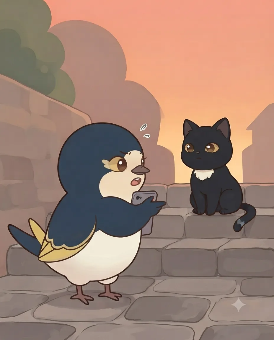 Migratory-chan turning to ask Black Cat-chan a question, slightly indignant expression