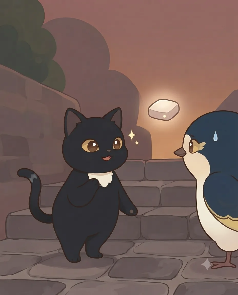 Black Cat-chan's eyes lighting up as she begins explaining, a simplified server diagram in the background