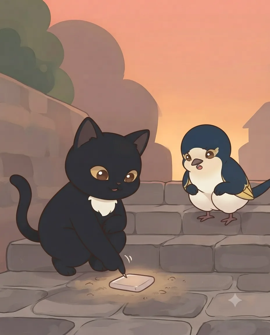 Black Cat-chan drawing a square on the ground with her paw, illustrating the single-server era