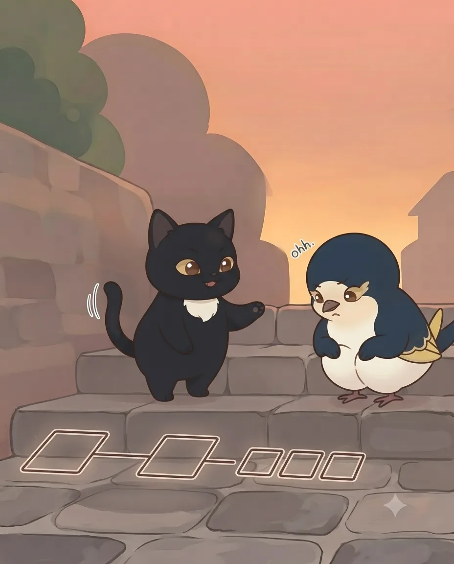 Black Cat-chan drawing two separated squares and three side-by-side squares, illustrating layering and load balancing