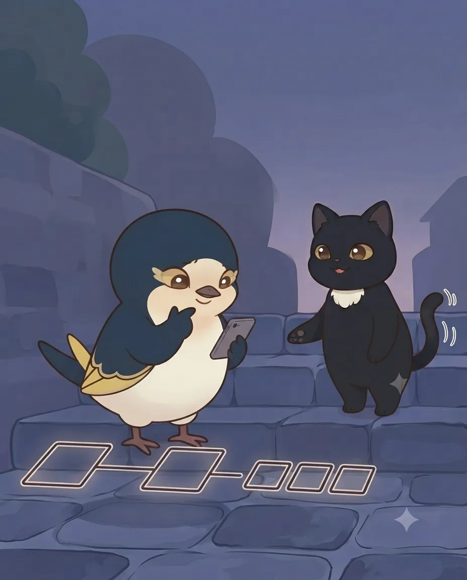 Migratory-chan looking thoughtfully at the diagram, Black Cat-chan smiling